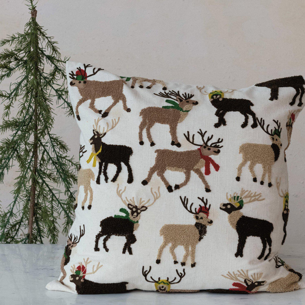 Embroidered Reindeer Pillow