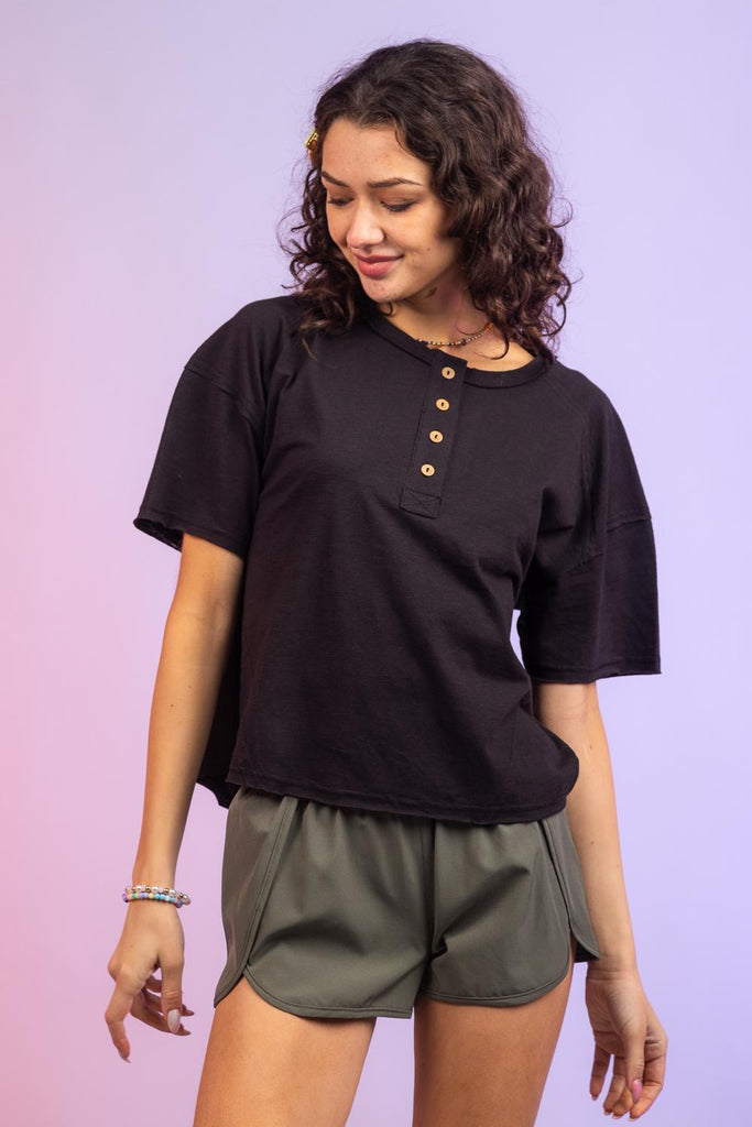 Black Slub Button Tee