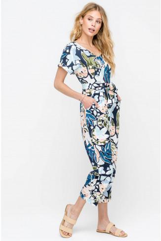 Leafy Blue Linen Tie Jumpsuit