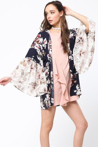 Buds Ruffle Navy Kimono Top